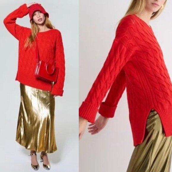 J. Crew Red Cotton Blend Cable Knit Side Slit Crew Neck Sweater - Picture 1 of 6